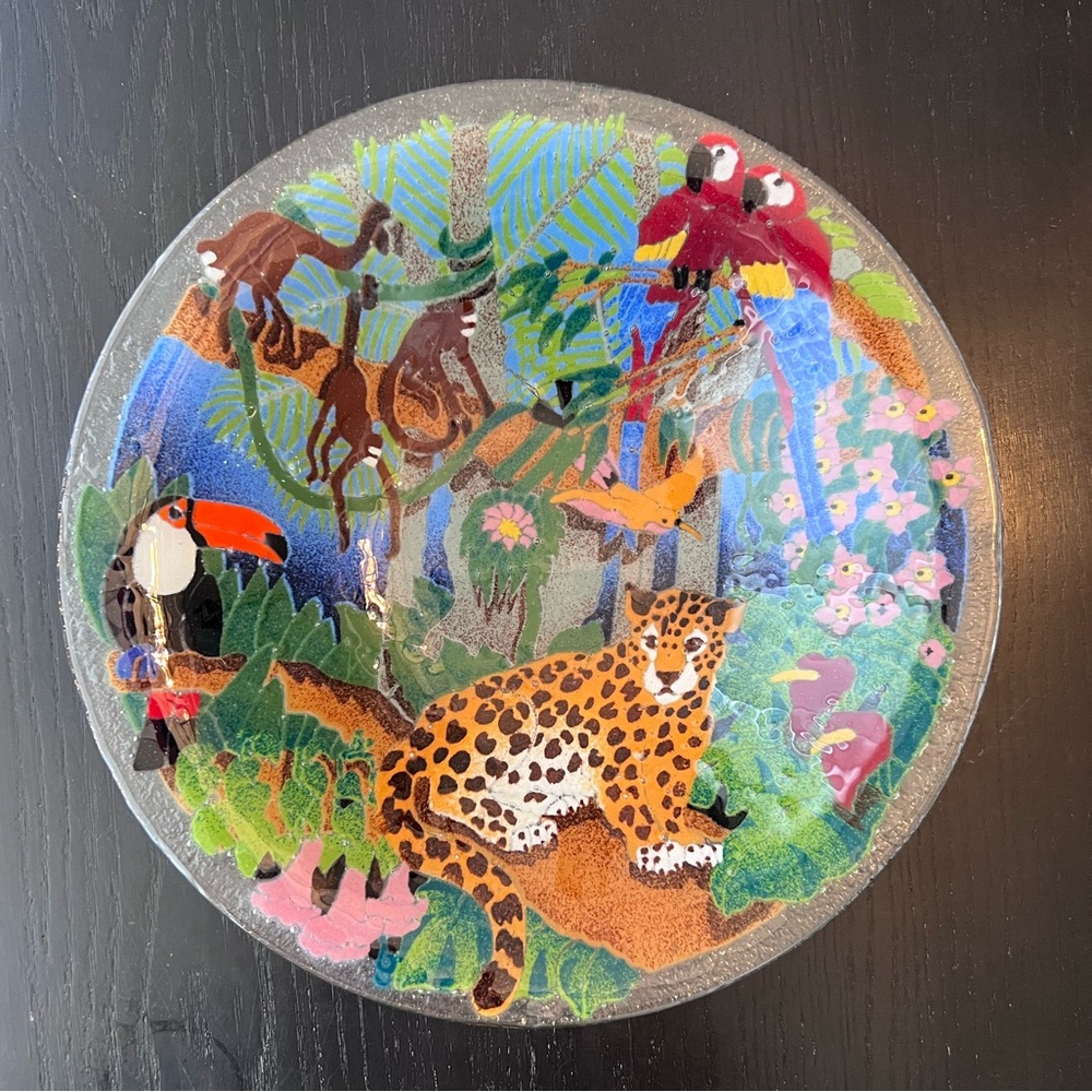 Peggy Karr Fused Glass Large Jungle Themed Plate/Bowl Signed